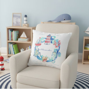 Nautical Ocean Animals Boat and Lighthouse Cushion