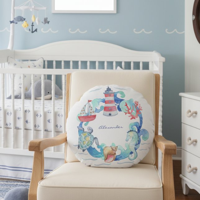 Nautical Ocean Animals Boat and Lighthouse Round Cushion (Creator Uploaded)