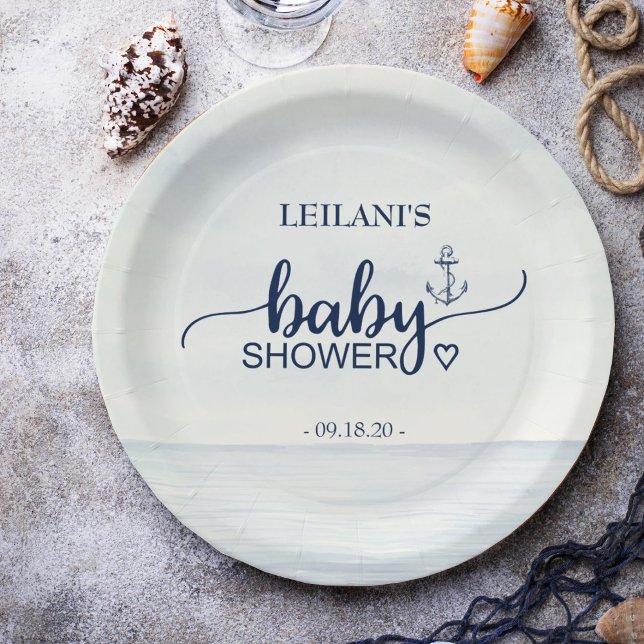 Nautical Ocean Baby Shower Anchor Paper Plate (Celebrate the upcoming arrival of your little sailor with our Nautical Ocean Baby Shower Plates.)