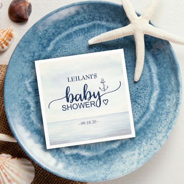 Nautical Ocean Baby Shower  Napkin (This nautical design napkin features a watercolor ocean background with baby shower in a fun font.)