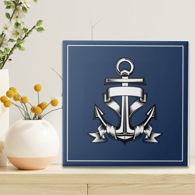 Nautical Ocean Beach House Navy Blue Ship Anchor  Tile (Nautical Ocean Beach House Navy Blue Ship Anchor Ceramic Tile)