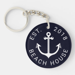 Nautical Ocean Beach House   Your Text Key Ring