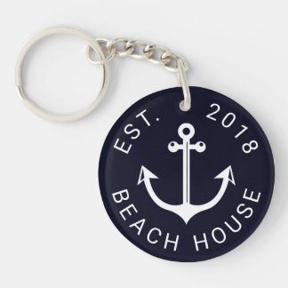 Nautical Ocean Beach House | Your Text Key Ring