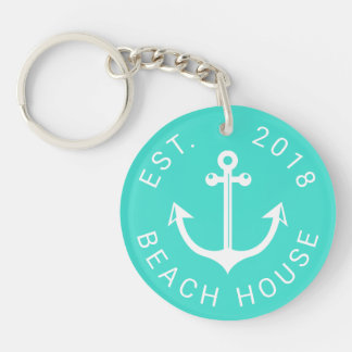 Nautical Ocean Beach House | Your Text Key Ring