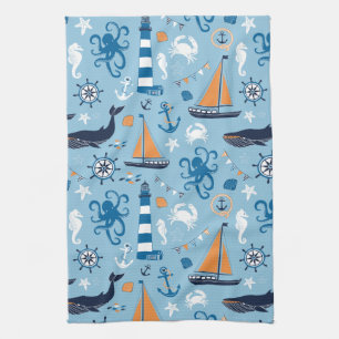 Nautical Ocean Blue and Orange Tea Towel