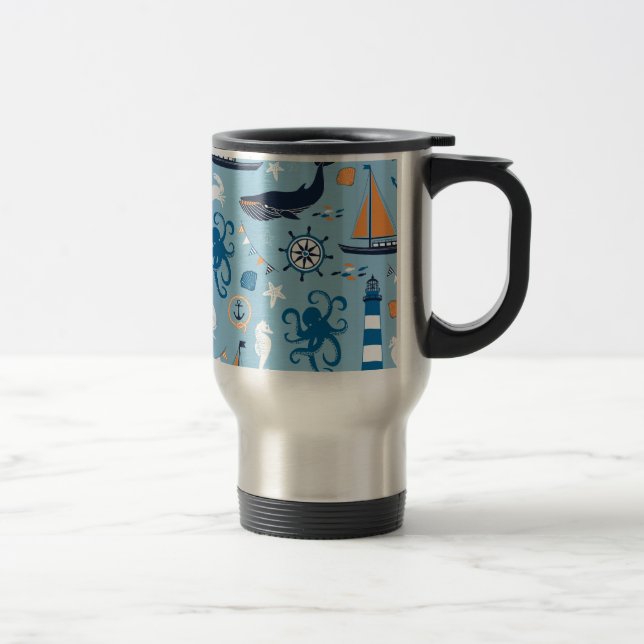 Nautical Ocean Blue and Orange Travel Mug (Right)