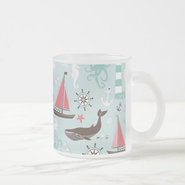 Nautical Ocean Blue and Rose Frosted Glass Coffee Mug (Right)