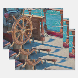 Nautical Ocean Blue Brown Coastal Ship Wrapping Paper Sheet
