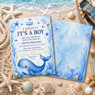 Nautical Ocean Blue Whale Baby Shower Invitation