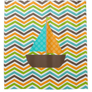 Nautical Ocean Bright Sailboat on Chevron Stripes Shower Curtain