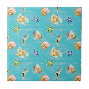 Nautical Ocean Fish Shell Starfish Pattern Tile