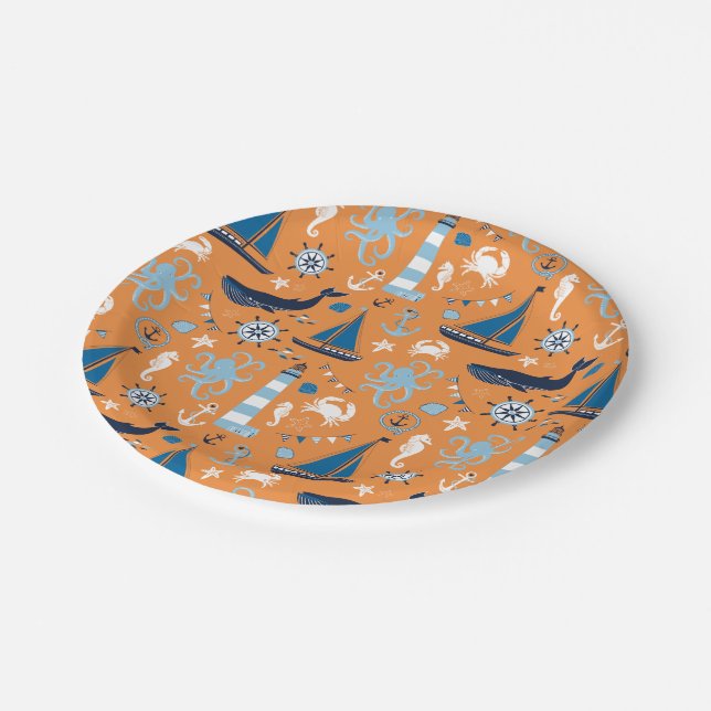 Nautical Ocean Orange Paper Plate (Angled)
