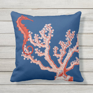 Nautical Ocean Sea Life Red Coral Seahorse Vintage Outdoor Cushion