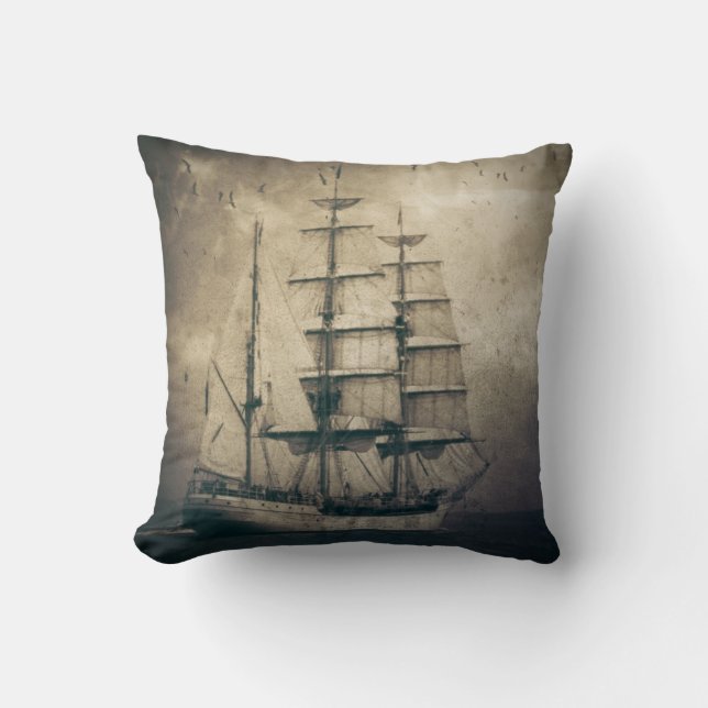 Nautical Ocean Sea Vintage Sailing sailboat Cushion (Front)