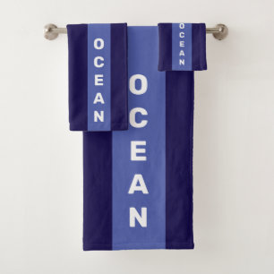 Nautical ocean text on blue shades striped bath towel set