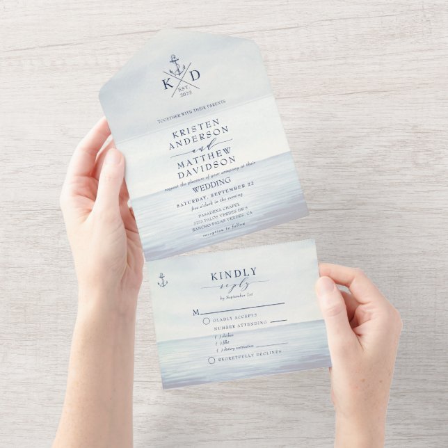 Nautical Ocean Watercolor Wedding Monogram All In One Invitation (Tearaway)