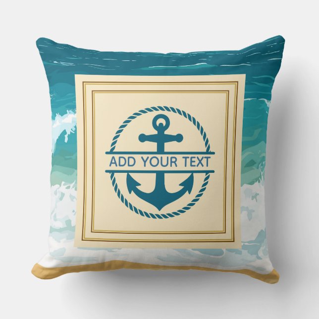 Nautical Ocean Wave Custom Text Anchor Cushion (Front)