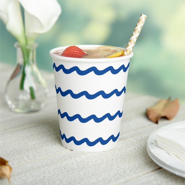 Nautical ocean waves blue and white pattern paper cups (Insitu)
