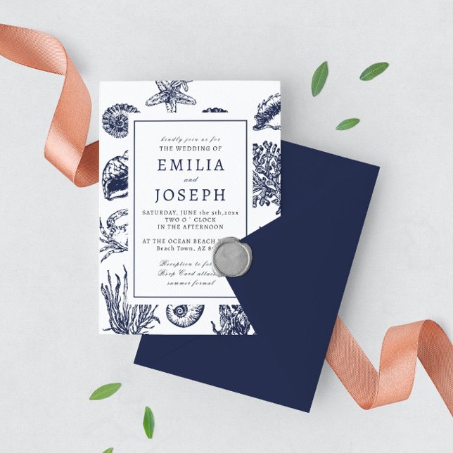 Nautical Oceanic classic dark navy blue 3 Wedding  Invitation (Creator Uploaded)