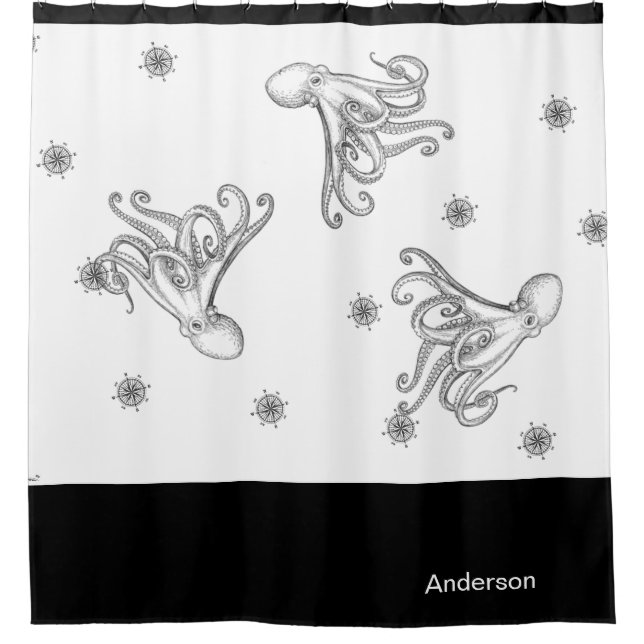  Nautical Octopus Bathroom Ocean Black  White      Shower Curtain (Front)