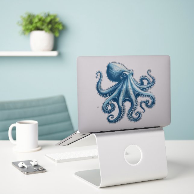 Nautical Octopus Custom-Cut Vinyl Sticker (Laptop On Desk)