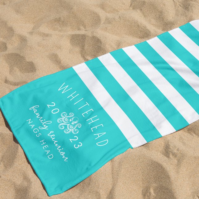 Nautical Octopus Stripe Aqua Blue Monogram Beach Towel (Creator Uploaded)
