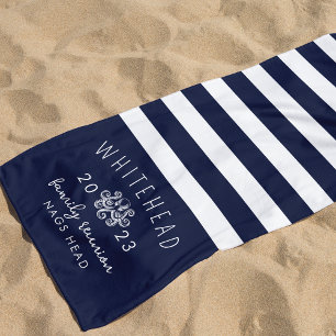 Nautical Octopus Stripe Navy Monogram Beach Towel