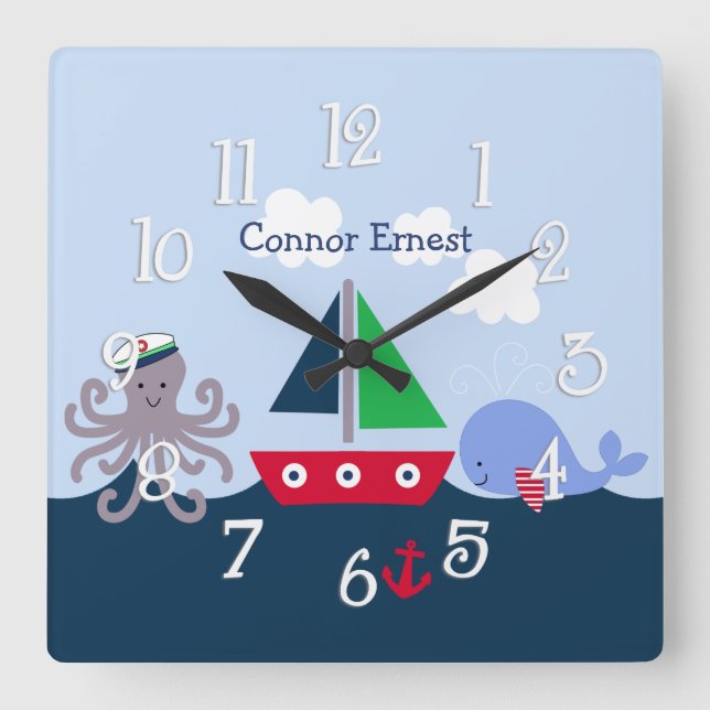 Nautical Octopus, Whale, Sealife Nursery Clock (Front)