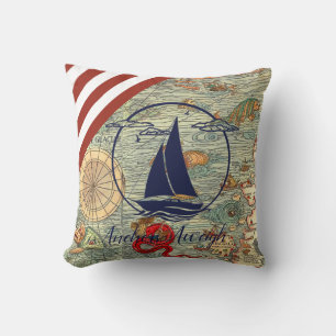 Nautical old map/boat/silhouette/anchors aweigh cushion