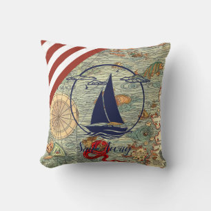 Nautical old map/boat/silhouette/sail away/navy cushion