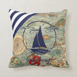 Nautical old map/boat/silhouette/sail away/navy cushion