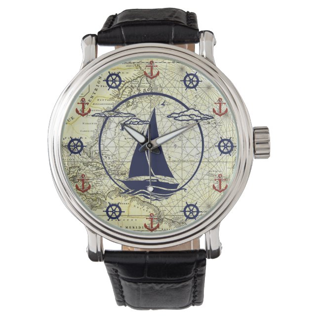 Nautical old map/sailboat/anchor/wheel silhouette watch (Front)