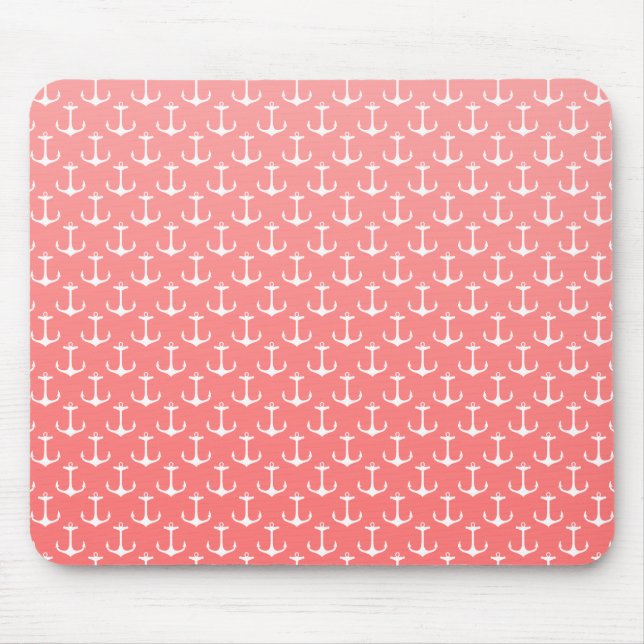 Nautical Ombre Coral Pink White Anchor Pattern Mouse Pad (Front)