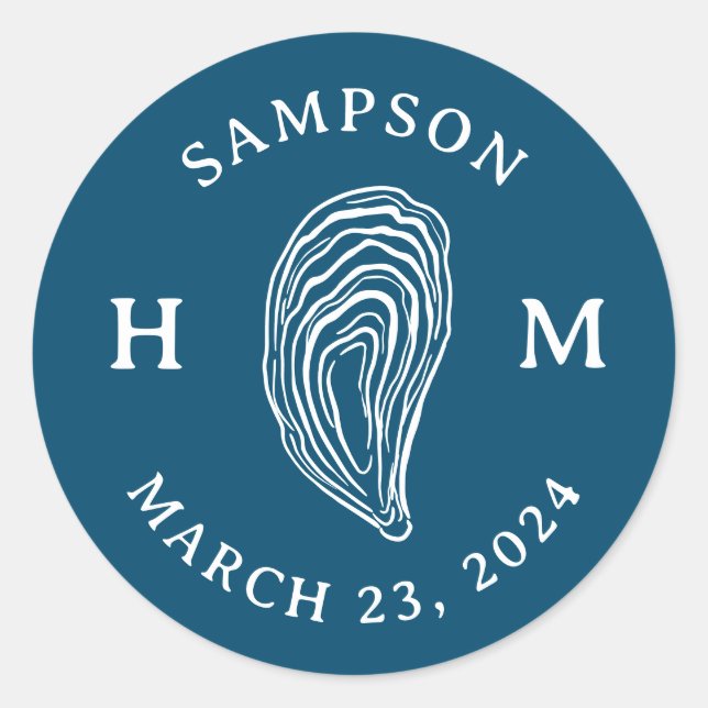 Nautical Oyster Shell Monogram with Name Date Classic Round Sticker (Front)