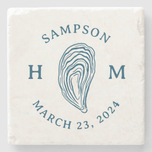 Nautical Oyster Shell Monogram with Name Date Stone Coaster