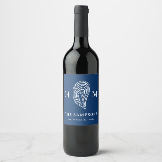 Nautical Oyster Shell Monogram with Wedding Date Wine Label (Front)