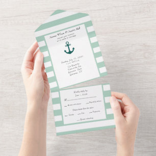 Nautical Pastel Green and White Stripes  All In One Invitation