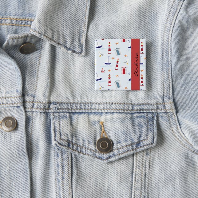 Nautical Pattern, Marine Pattern, Your Name 15 Cm Square Badge (In Situ)
