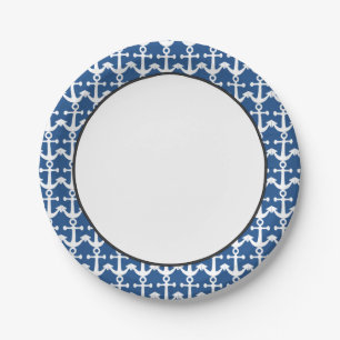 Nautical Pattern White and Blue Paper Plate