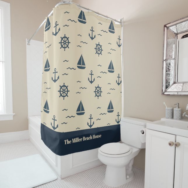 Nautical Pattern with Anchor Sailboat Compass Shower Curtain (In Situ)