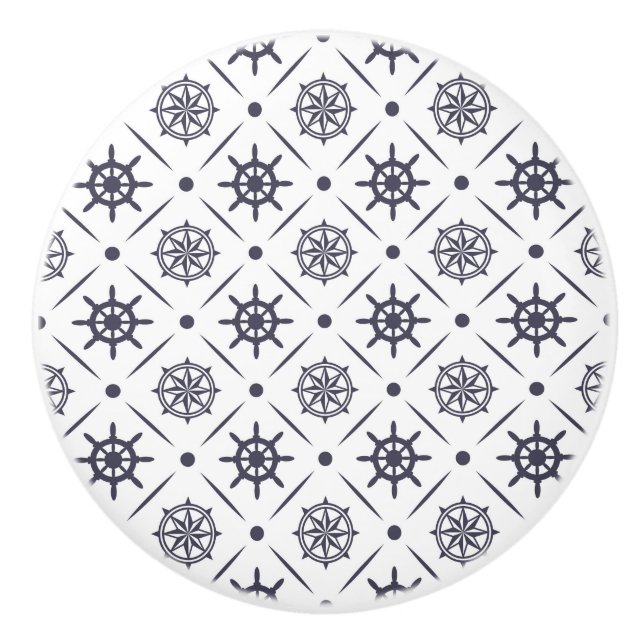 Nautical pattern with sailing wheel and compass ceramic knob (Front)