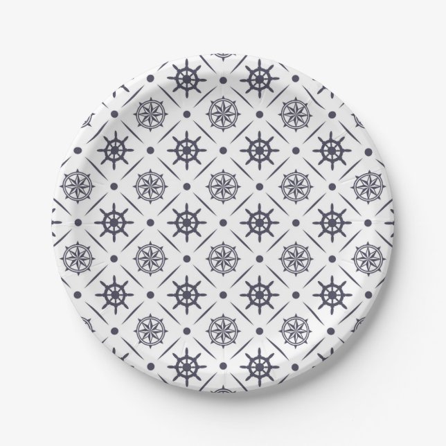 Nautical pattern with sailing wheel and compass paper plate (Front)