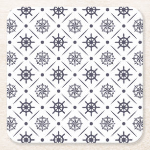 Nautical pattern with sailing wheel and compass square paper coaster