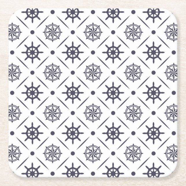 Nautical pattern with sailing wheel and compass square paper coaster (Front)