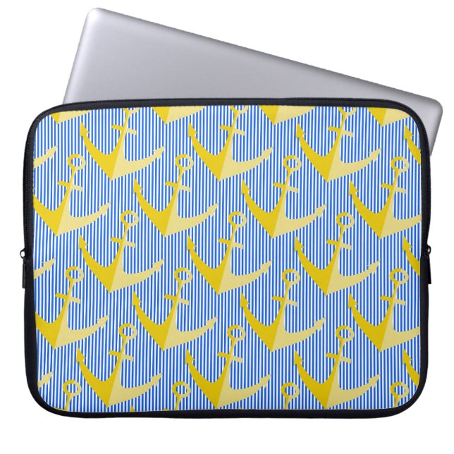 Nautical pattern yellow anchor laptop case (Front)