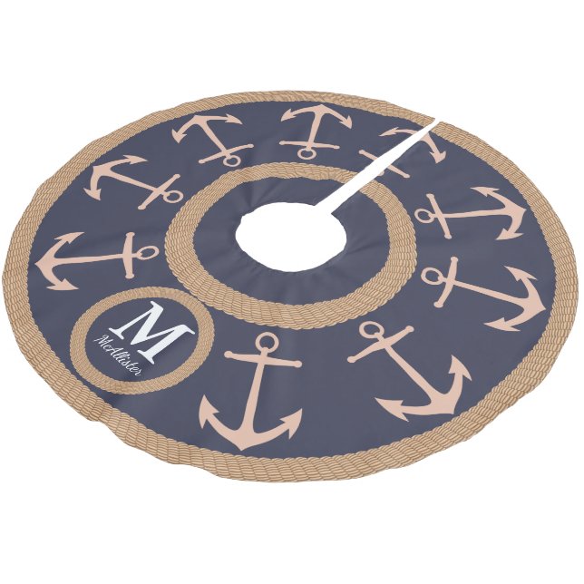 Nautical Peach Anchors on Navy Blue - Family Name Brushed Polyester Tree Skirt (Angled)