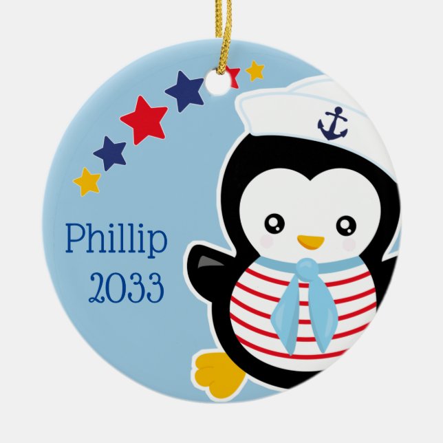 Nautical Penguin Kids Christmas Ceramic Tree Decoration (Front)