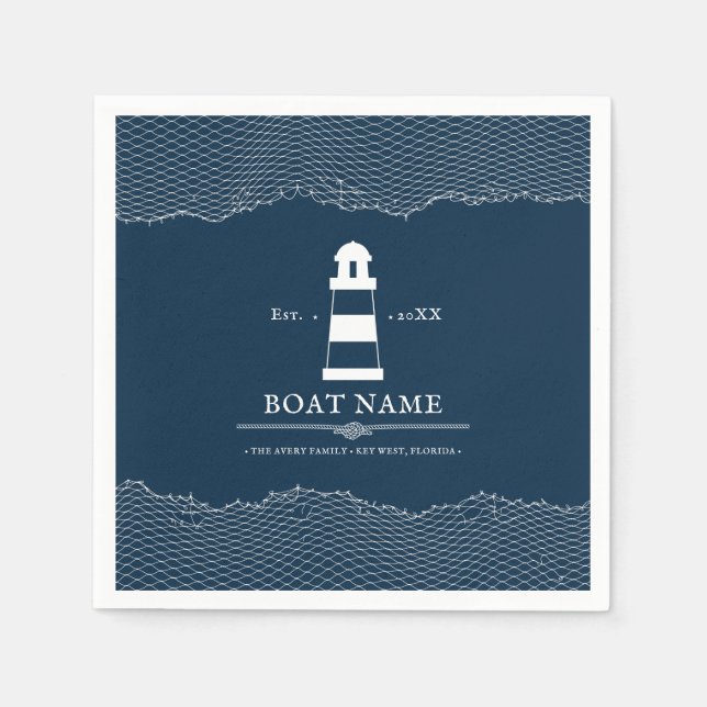 Nautical Personalised Blue lighthouse Boat  Napkin (Front)