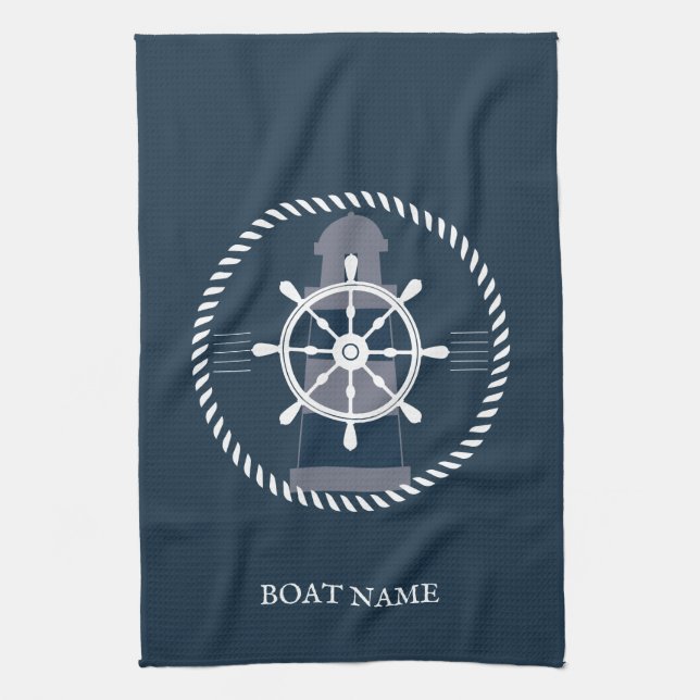 Nautical personalised Boat Name Navy Blue Tea Towel (Vertical)