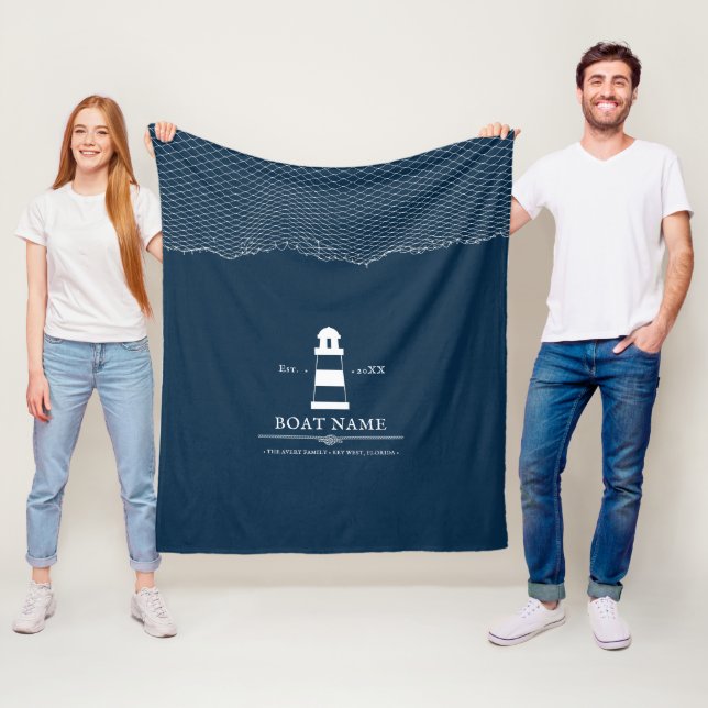 Nautical Personalised lighthouse Blue Boat Name Fleece Blanket (In Situ)